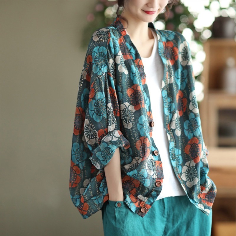 Ice printed long-sleeved shirt tops cotton linen linen cardigan jacket foreign trade cut label