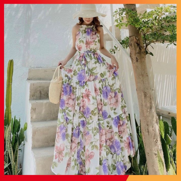 Váy maxi hoa⚡𝑺𝑰𝑬̂𝑼 𝑻𝑶̂𝑵 𝑫𝑨́𝑵𝑮⚡ Váy dáng dài đi biển, vải voan 2 lớp, mềm mại, hàng Quảng Châu cao cấp loại 1 | BigBuy360 - bigbuy360.vn