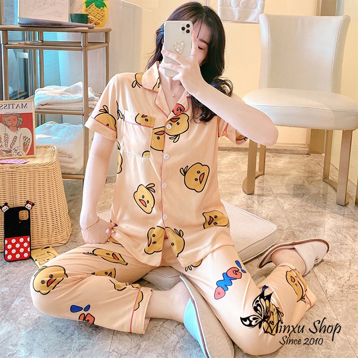 Bộ Pijama Cộc Tay, Quần Dài Mùa Hè, Mùa Thu - Phong Cách Hàn Quốc - Sợi Tơ Sữa Cao Cấp Mềm, Mịn - Siêu Dễ Thương