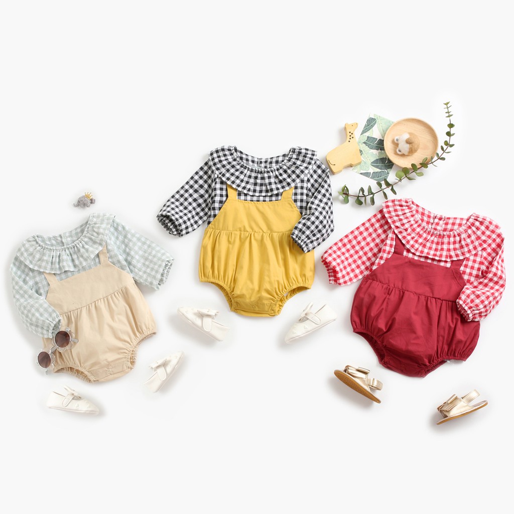 Áo Liền Quần Sanlutoz Vải Cotton Kẻ Caro Dài Tay Cho Bé Gái Sơ Sinh