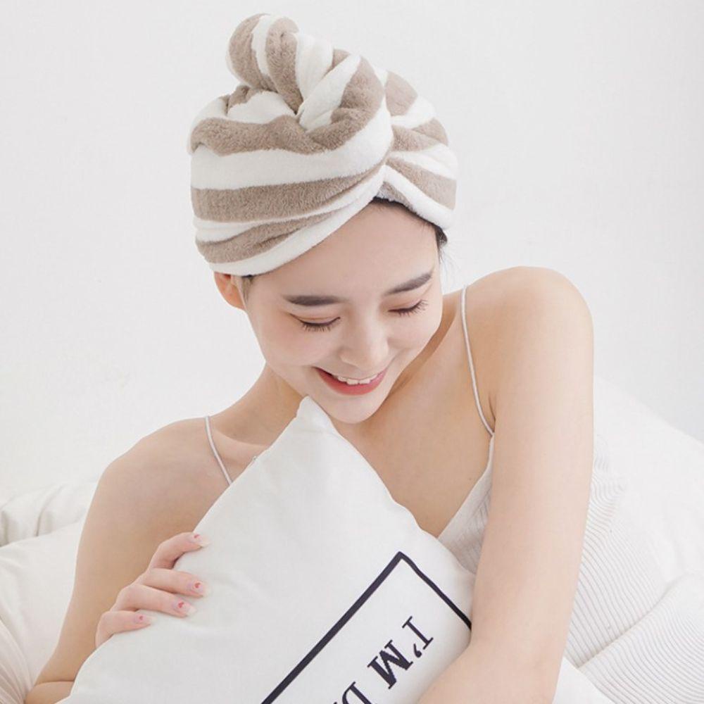 Mũ Trùm Đầu Kiêm Khăn Choàng Tắm Bằng Lông Cừu San Hô Thấm Hút Nước Nhanh Khô Họa Tiết Kẻ Sọc