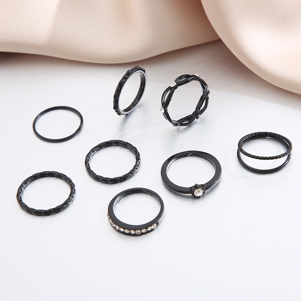 iF YOU Set 8 Nhẫn Bạc Hình Học Màu Đen Phong Cách Cổ Điển