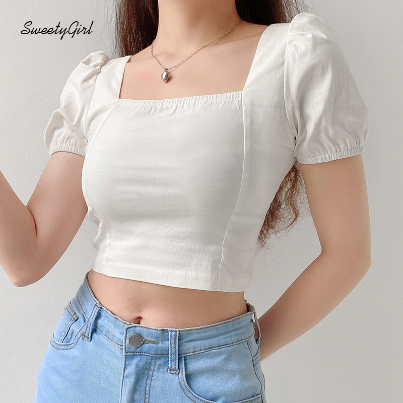 SweetyGirl Women Crop Top Fashion Solid Color Square Neck Short Sleeves Slim Fit Casual Streetwear