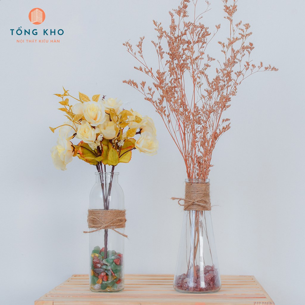 Lọ hoa chai thủy tinh trang trí dây thừng Decor Hàn Quốc phong cách