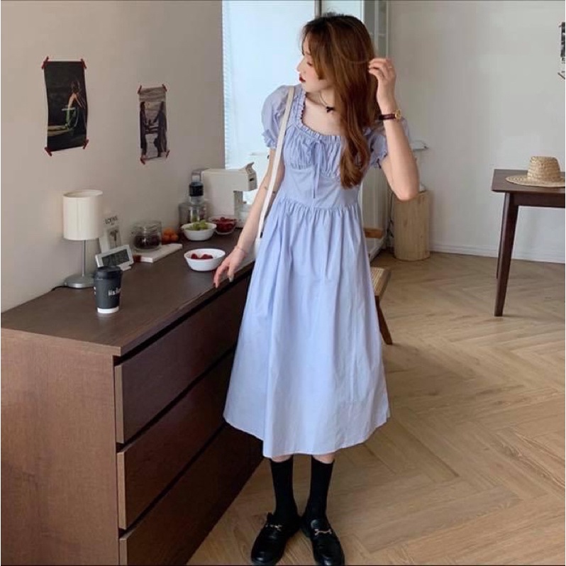 Đầm maxi kiểu dài nữ trễ vai mặc 2 kiểu tay ngắn dáng suông xoè chiffon trơn - Order taobao quảng châu