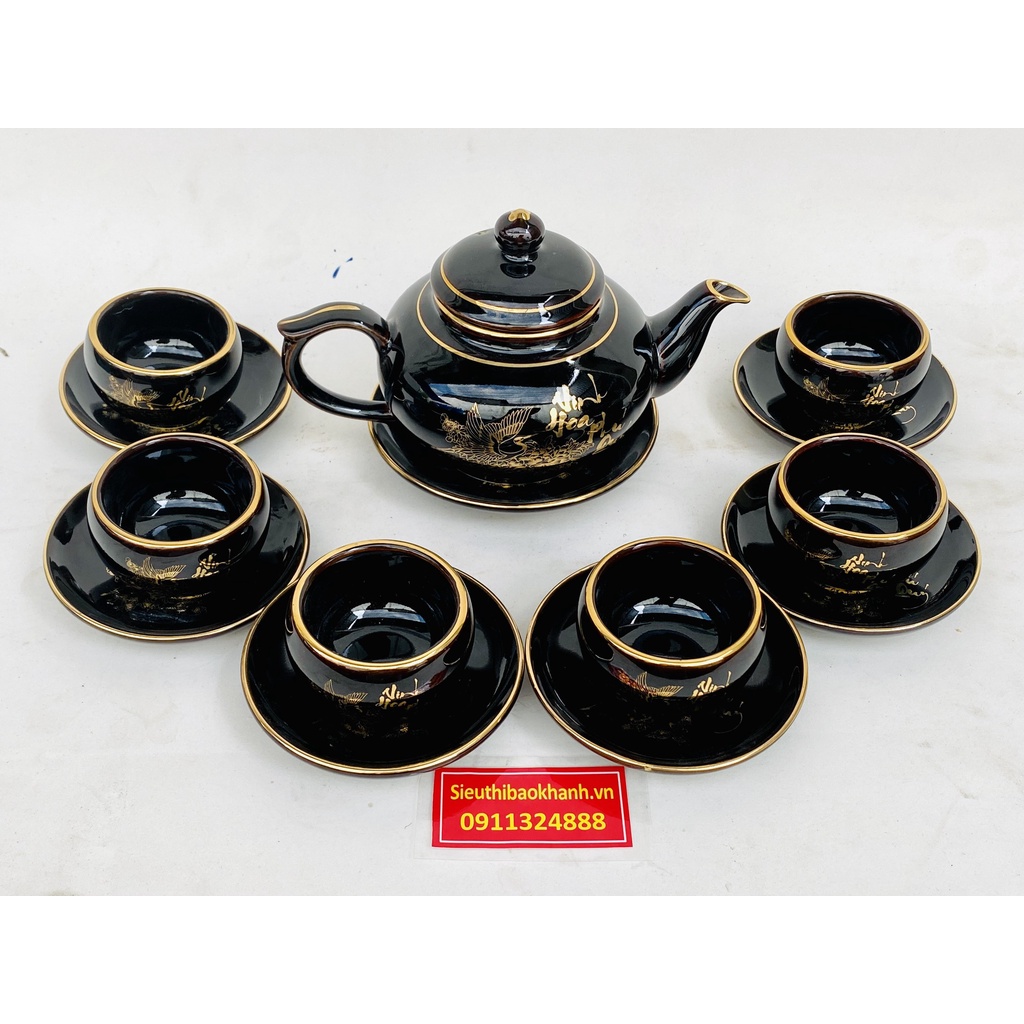 Bộ ấm chén men đen họa tiết Vinh Hoa Phú Quý Bát Tràng 350ml