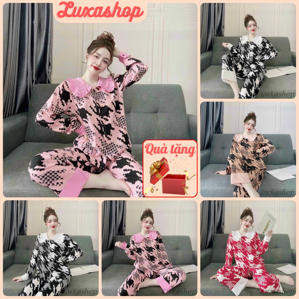 Đồ Ngủ Nữ, Set Đồ Bộ Pijama Lụa Hàn Cao Cấp Tay Dài Cổ Bèo Siêu Xinh Freesize 45-60kg TD05 - Luxa sh