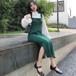 Set thu đông váy yếm len xẻ tà áo voan cổ bèo tay loe