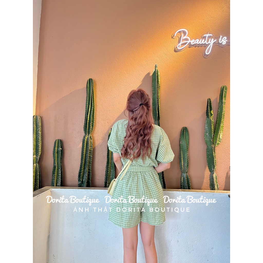 Jum kẻ kèm đai dáng Hàn, Jum kẻ caro kèm đai vải đũi xốp - Dorita Boutique