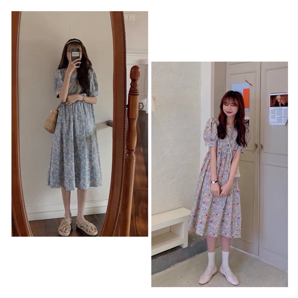 Đầm - Váy babydoll hoa nhí tay bồng chất thô siêu xinh