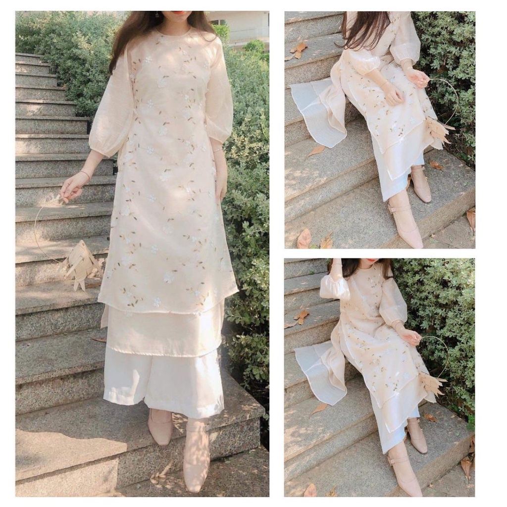 Set Áo Dài Cách Tân Hoa Nổi 3D Dáng Dài - Sienna Dress BY2101