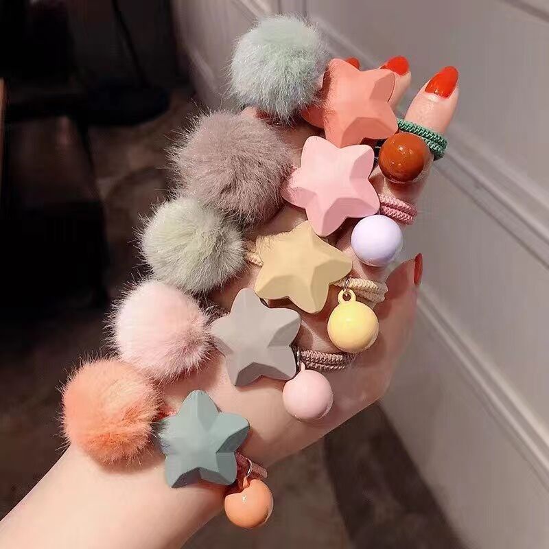 Dây Buộc Tóc Cao Su Co Giãn Phối Bóng Lông Hình Ngôi Sao Năm Cánh Màu Sắc Ngọt Ngào Phong Cách Hàn Quốc