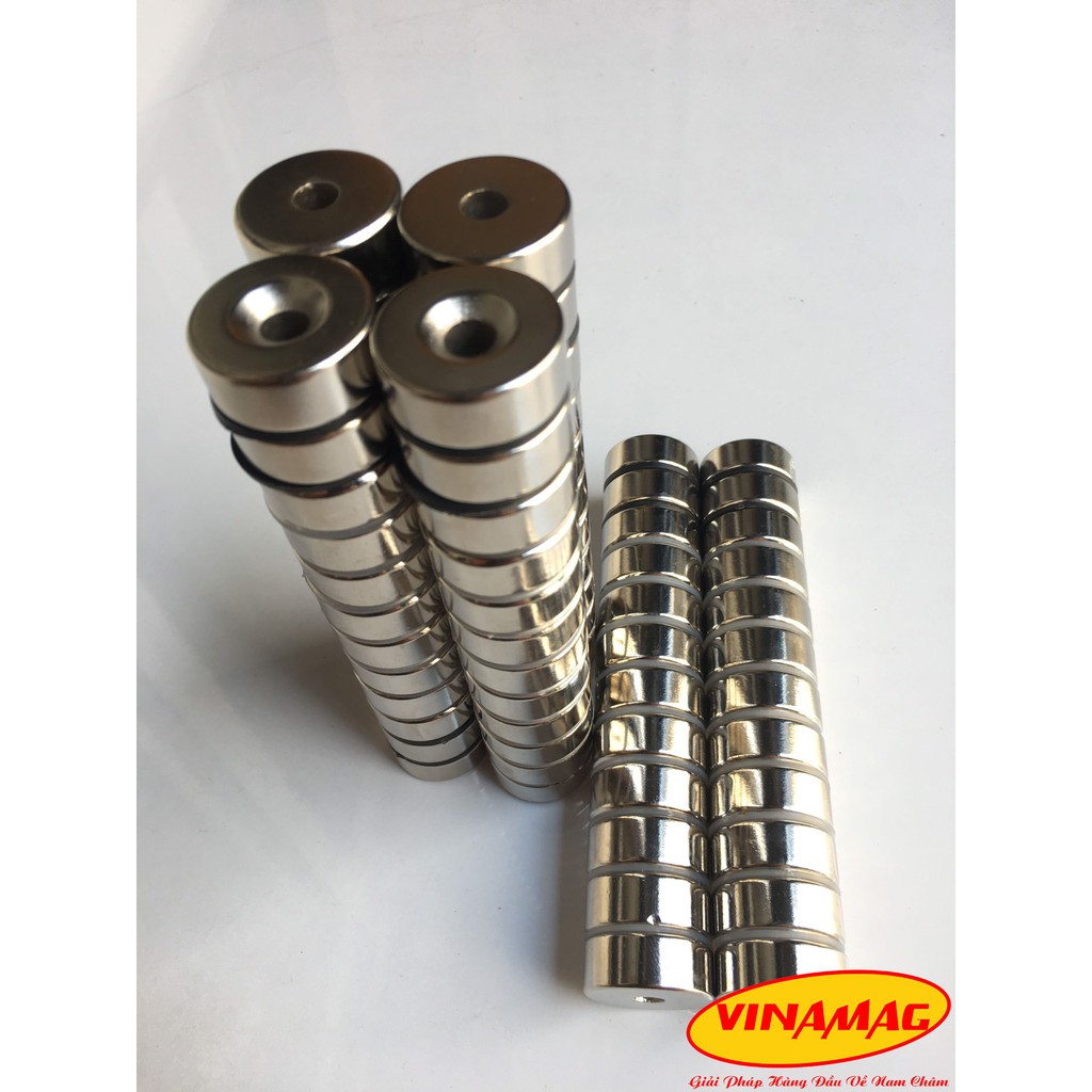 Bộ 10 Viên nam châm đất hiếm NdFeB phi tròn 25x5mm lỗ vát 6mm, nam châm trắng lực từ mạnh