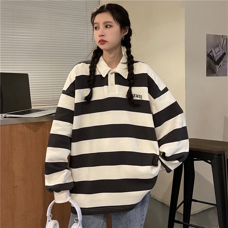 Áo Thun POLO Họa Tiết Kẻ Sọc Thêu Chữ Phong Cách Hàn Quốc Thời Trang Mùa Thu Cho Nữ