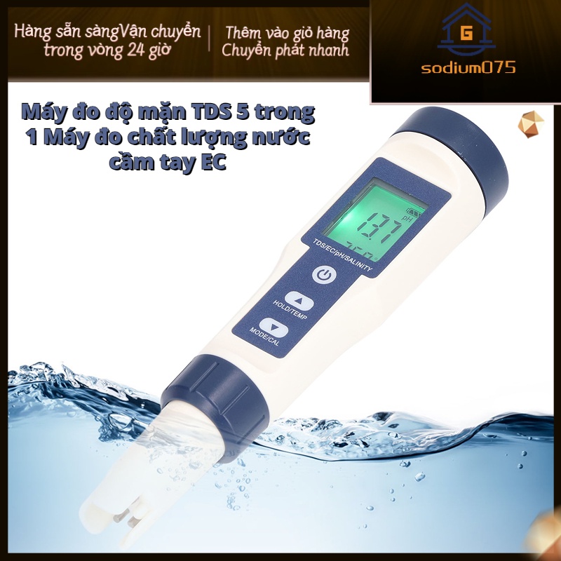 💯Có thể bán buôn😁 Máy đo chất lượng nước kỹ thuật số 5 trong 1 Nhiệt độ mặn PH TDS EC không thấm có đèn nền 💖Hàng giao ngay💖Sodium075