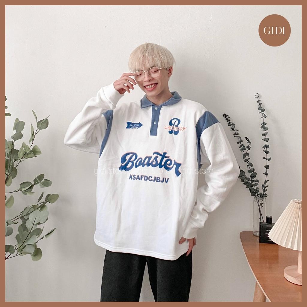Áo Sweater Boaster cổ POLO Nam Nữ Unisex in chữ màu xám xanh/ trắng/ xám/ choco/ tan vải nỉ lót bông form rộng OVERSIZE