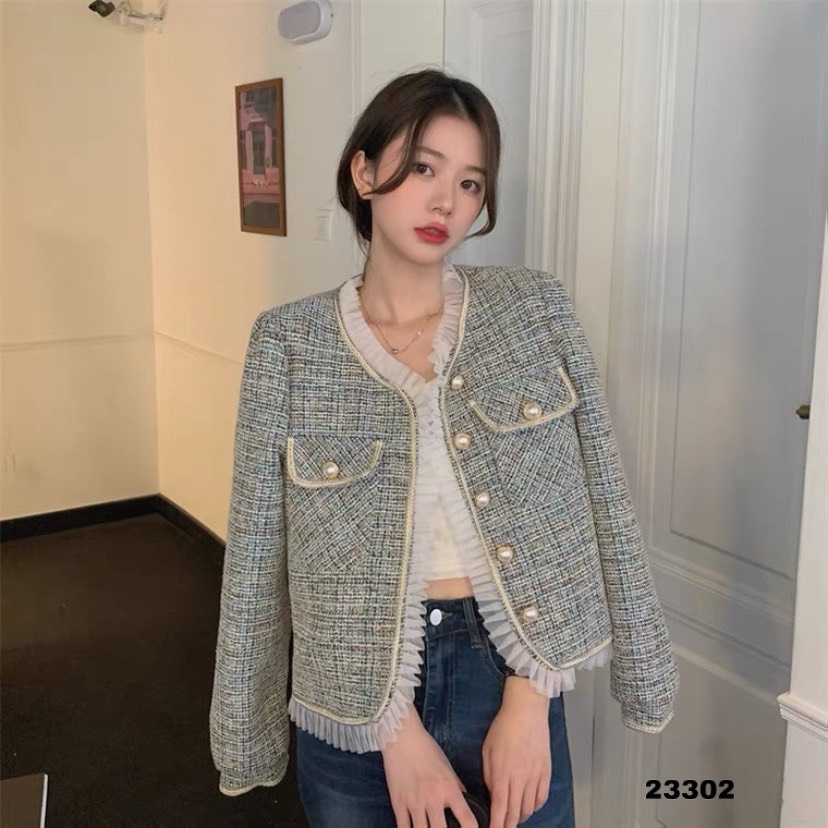 23302	KH23302-Khoác dạ nhiễu viển lưới 2 túi nắp ngực 1812 TD