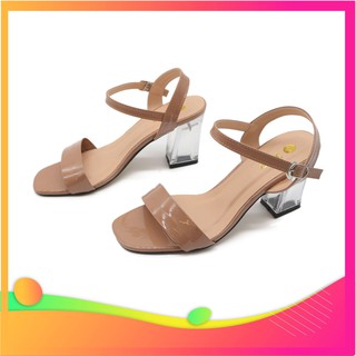 Dép sandal cao 7p quai ngang gót trụ da bóng đơn giản chanh xả-kèm ảnh thật