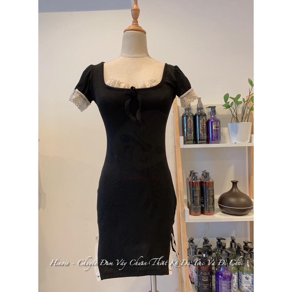 [HINOIS] Đầm Thun Body Ngắn, Có Phối Ren Ở Cổ, Tay Và 2 Đường Xẻ Đùi, Màu Đen-Hồng | BigBuy360 - bigbuy360.vn