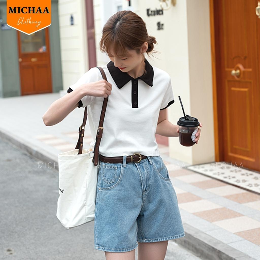 Áo Croptop CỔ POLO PHỐI Màu Đen Trắng Nữ, Áo Cổ Bẻ Tay Ngắn Đẹp - MICHAA