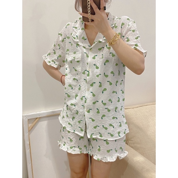 Bộ ngủ pyjama cổ vét chất đũi xốp in hình cute