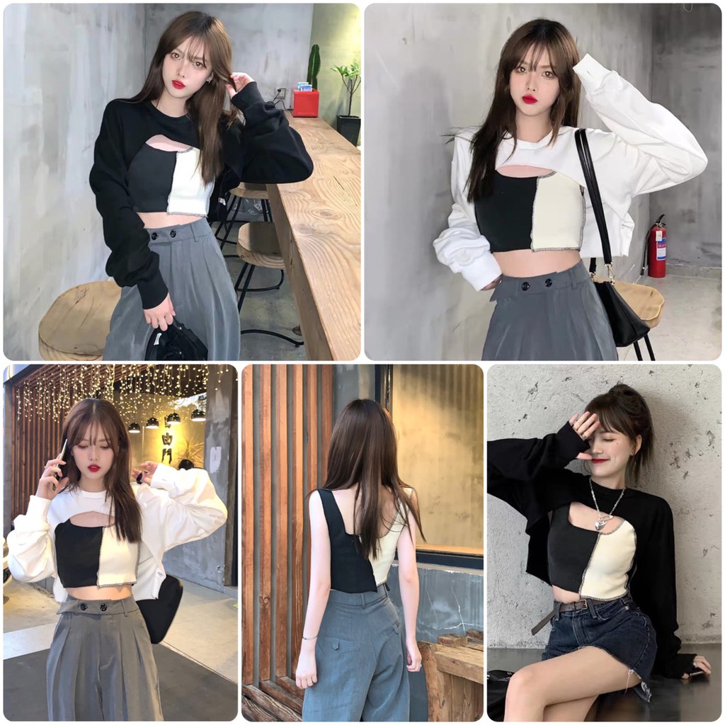 Set Áo Thun Sweater Croptop Dài Tay Cutout + Áo 3 Lỗ Phối Màu Đen Trắng Siêu Chất