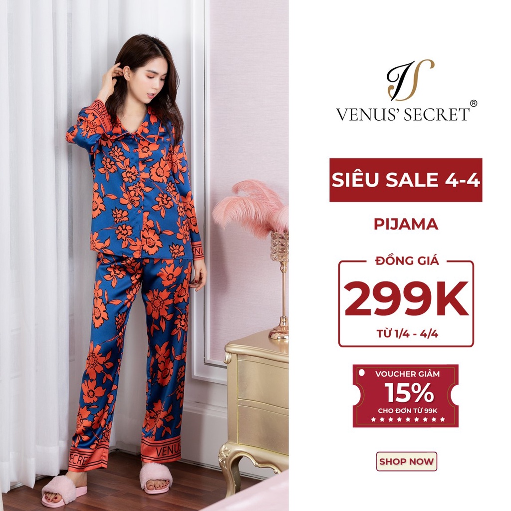 Bộ đồ ngủ Pijama - đồ ngủ lụa cao cấp họa tiết hoa cam thương hiệu VENUSSECRET