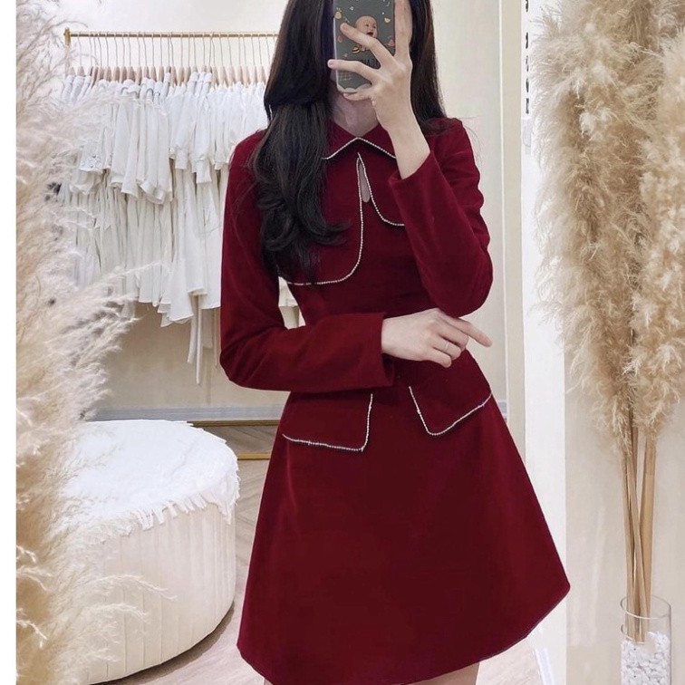 Váy nhung xòe dài tay thiết kế liền thân style hàn quốc cao cấp 2 màu đỏ đen