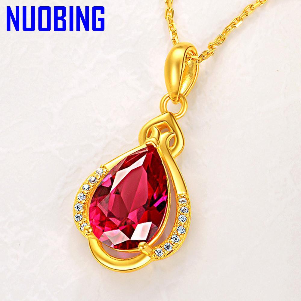 Fashion Choker Water Drop Red Crystal Ruby Gemstones Diamonds Pendant Necklaces For Women 18K Gold Color Jewelry Bijoux Gifts|Pendants|