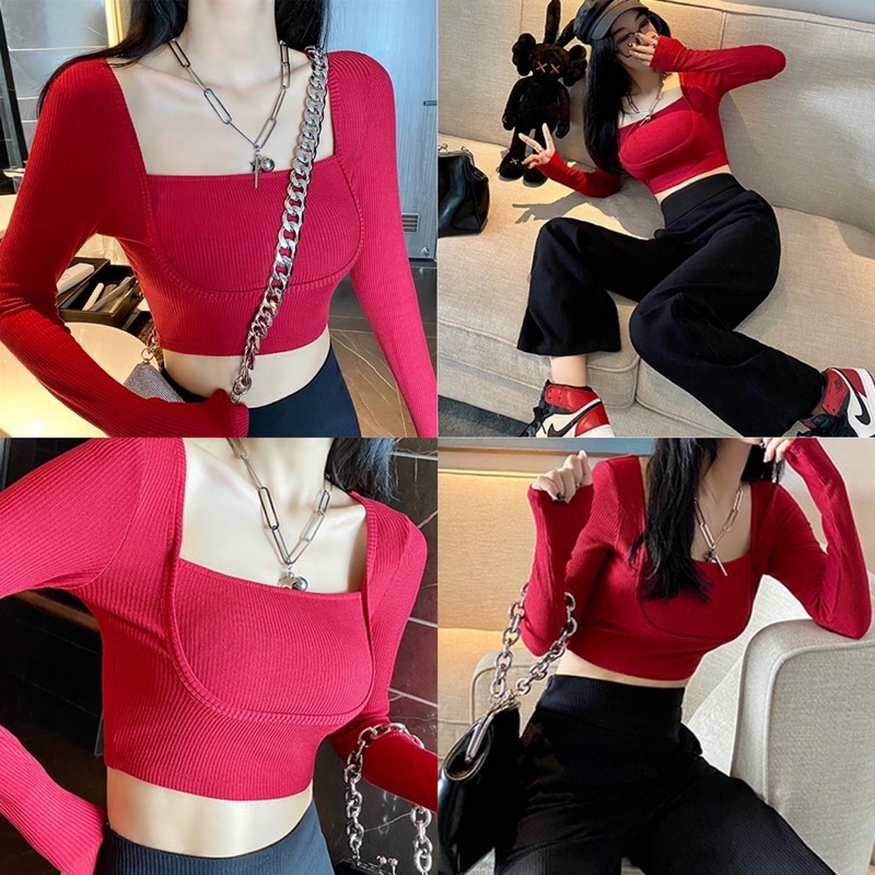 Áo croptop thun tăm đỏ