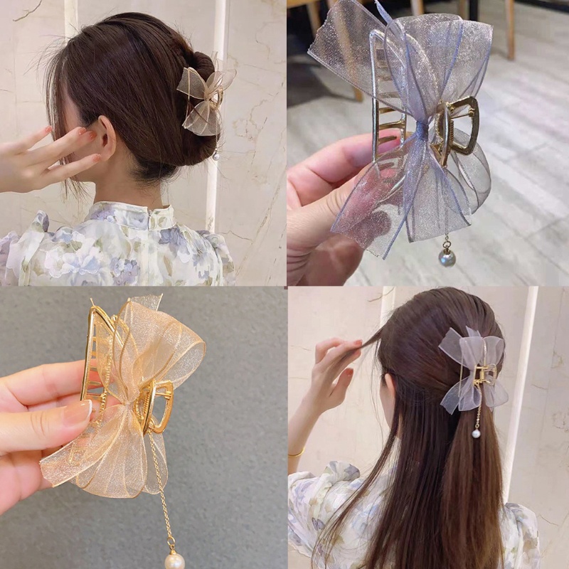 Kẹp Tóc Hình Nơ Bằng Kim Loại Phối Ren Thời Trang