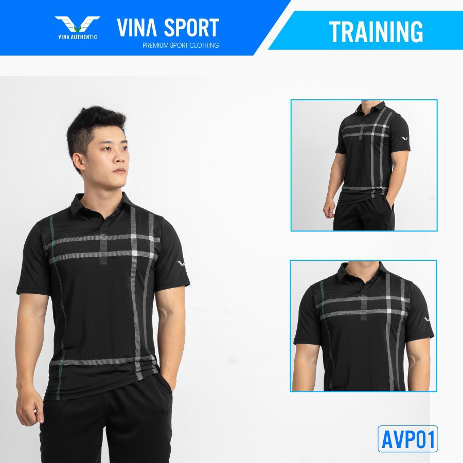 Áo Thể Thao Nam Cổ Trụ AVP01 Vina Sport, Áo Tập Gym Tennis , Chất Thun Thấm Hút Mồ Hôi, Thoáng Mát, Full Size- Lapi VN