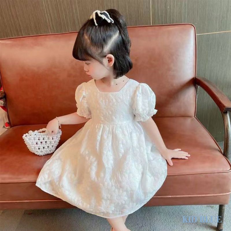 Đầm Trắng Tay Phồng Thắt Nơ Eo Thêu Hoa Phong Cách Phương Tây Cho Bé Gái