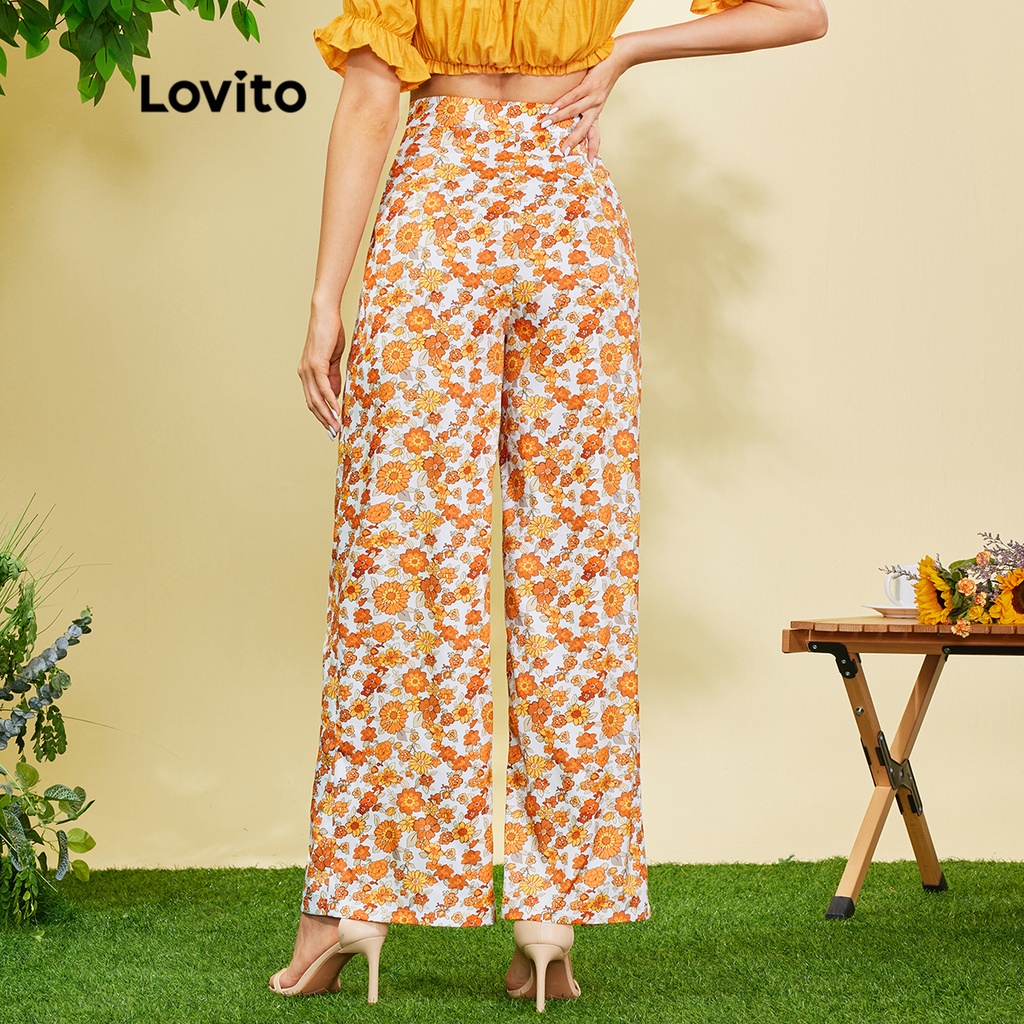 Quần dài (Lovito Exclusive) FREE NATURE Thực vật Ren Up Mặt trước phân chia Boho L28EE047 (Cam)