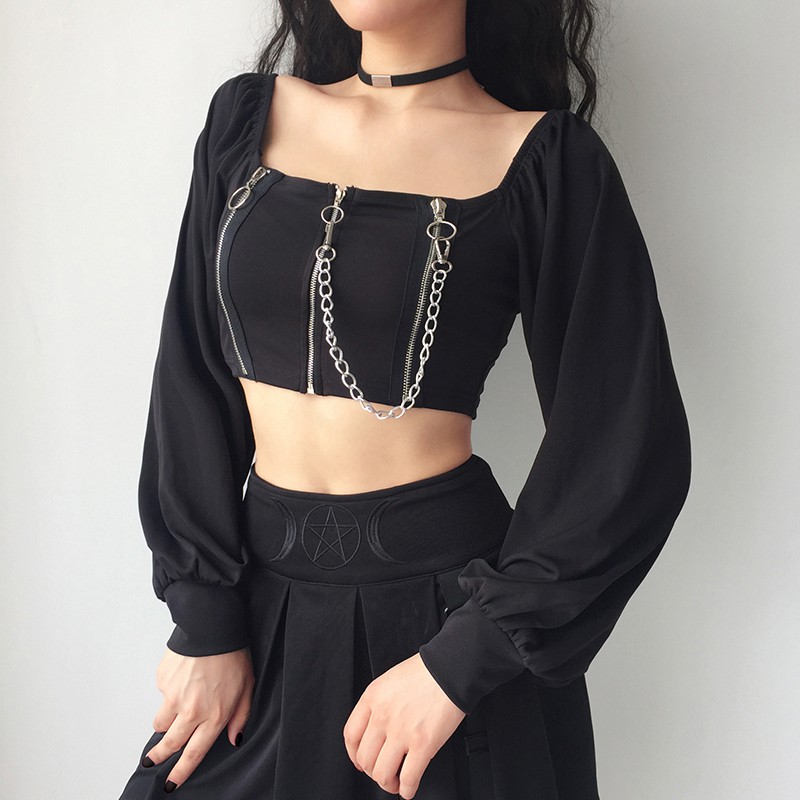 Áo croptop cổ vuông tay dài 3 ngăn dây kéo có xích cá tính ôm body ulzzang ( 2 màu )