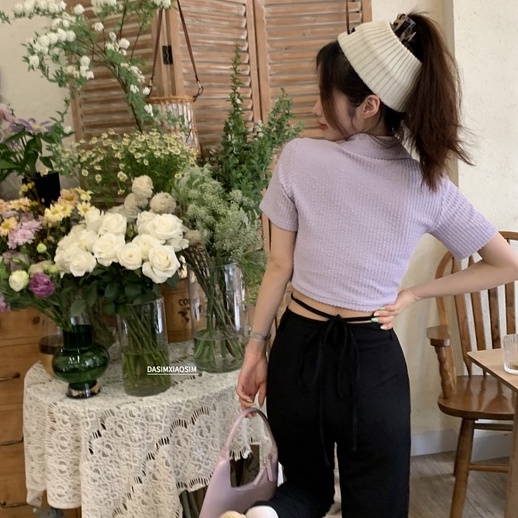 Áo thun polo ZHELIHANGFEI dệt kim tay ngắn lưng cao thiết kế cá tính quyến rũ cho nữ