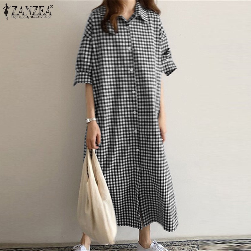 Đầm nữ ZANZEA dáng rộng và dài cổ bẻ họa tiết kẻ sọc có nút với tay lửng thiết kế thời trang
