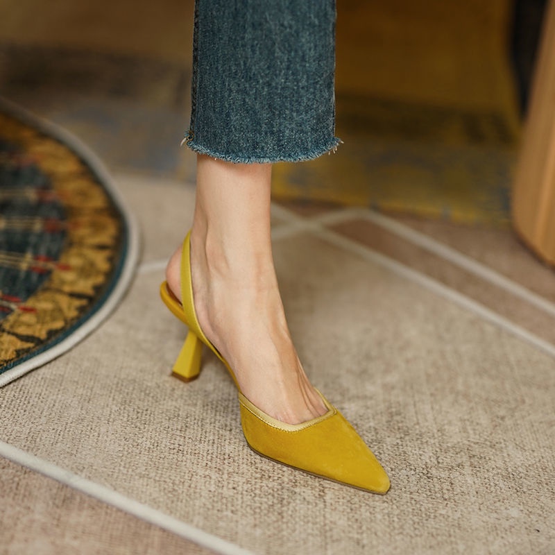 Giày quai hậu IELGY cao gót mũi nhọn màu đen phong cách Pháp dành cho nữ