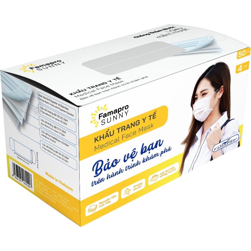 50 cáiKhẩu trang y tế 4 lớp kháng khuẩn Famapro Sunny hộp 50 cái - Chính hãng công ty Nam Anh