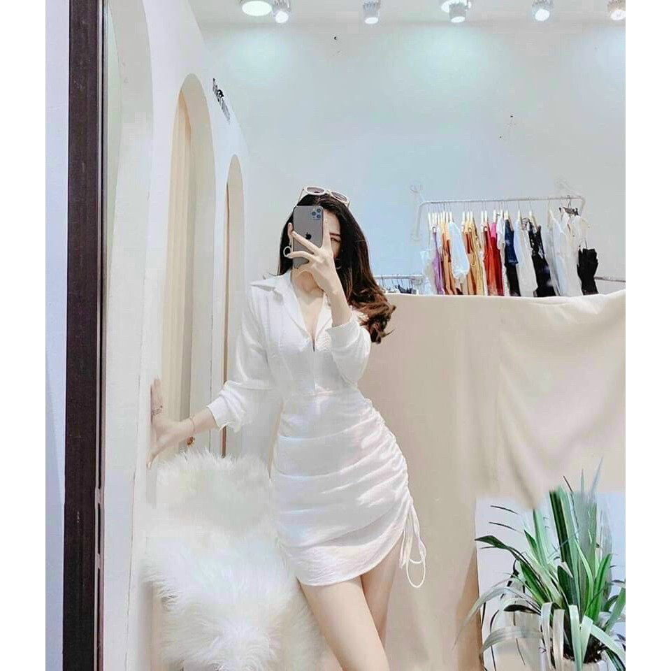 Đầm nhún cổ sơ mi tay dài bo eo tôn dáng chất lụa satin cao cấp siêu sang