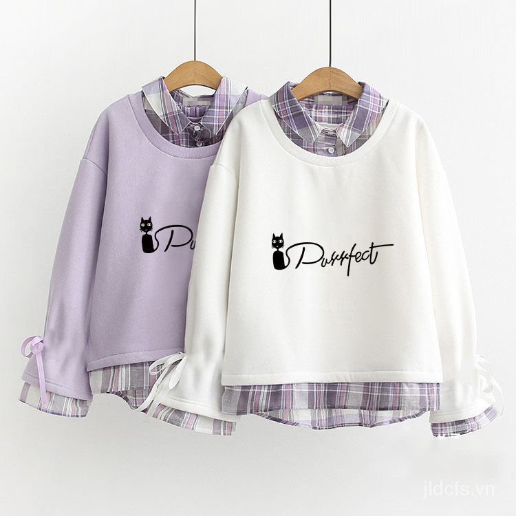 Áo thun sweater tay dài cổ sơ mi polo giả 2 lớp phong cách mori thời trang mùa thu