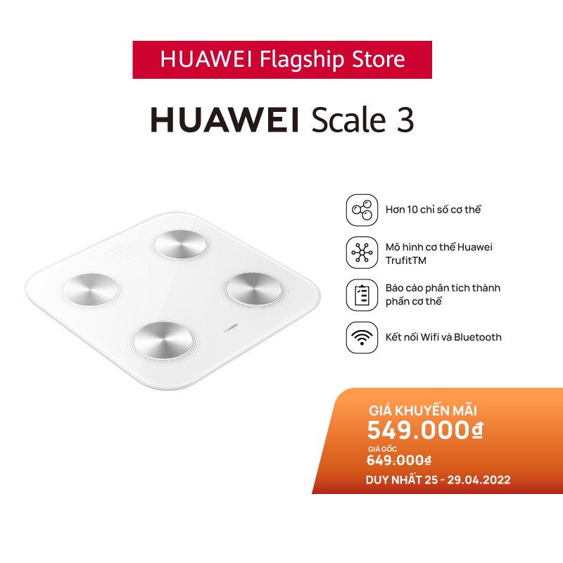 Cân Điện Tử HUAWEI Scale 3 | Hơn 10 Chỉ Số Cơ Thể | Mô Hình Cơ Thể Huawei Trufittm | Kết Nối Wifi Và Bluetooth