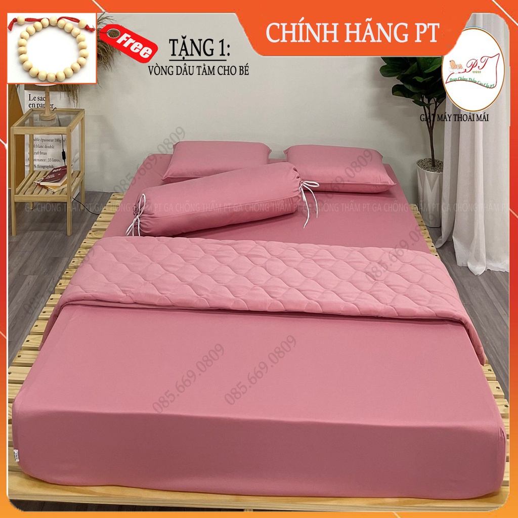 Bộ ga chống thấm cho bé kèm vỏ gối, hàng chính hãng PT, chất liệu 100% cotton cao cấp (mẫu hồng ruốc)