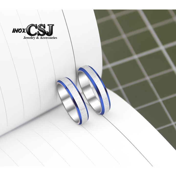 02 chiếc nhẫn cặp đôi tình nhân inox cao cấp viền sơn xanh đẹp, không đen - tặng hộp đựng xinh xắn