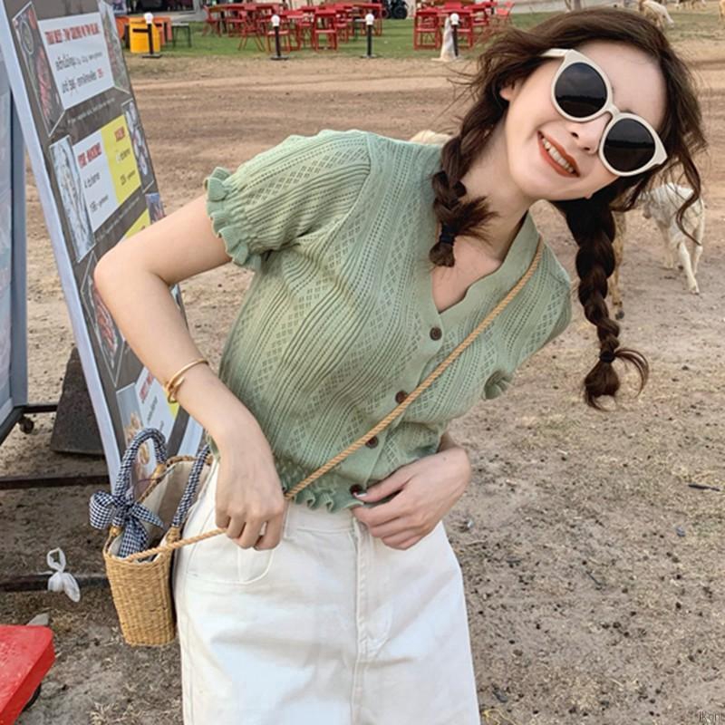 Áo Lửng Ngắn Tay Đính Nút Thời Trang Cho Nữ