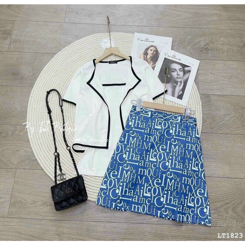 Sét 3 món nữ áo khoác, áo hai dây phối chân váy in hoạ tiết