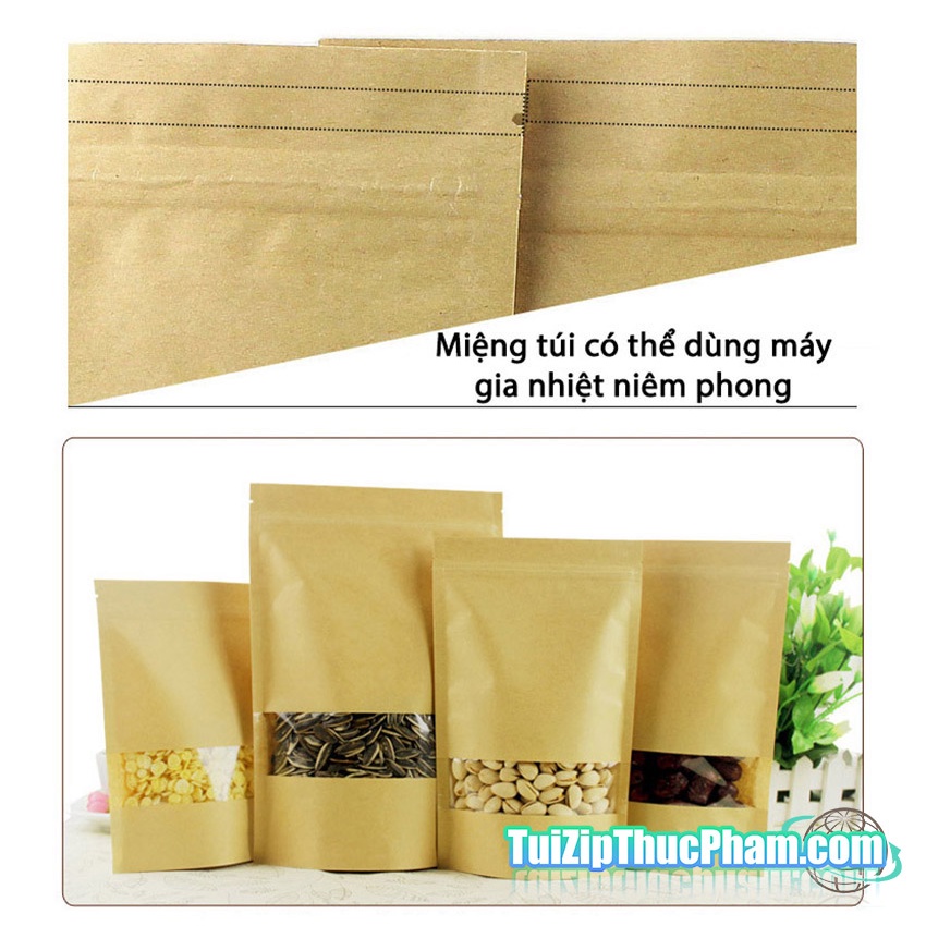 100 cái túi zip giấy kraft cửa sổ tràn viền 12x20+4cm zipper phủ PET CPP chống nước chuyên đựng thực phẩm nhận in logo
