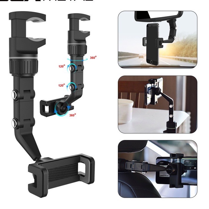 Giá treo điện thoại gương chiếu hậu xoay 360°, kẹp ghế sau ô tô, kính chiếu hậu, giá sách, lưng ghế