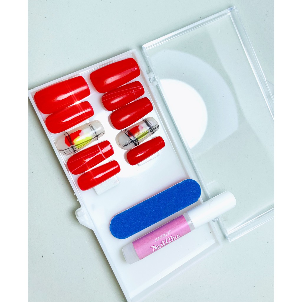 (Giá sỉ) Nailsbox thiết kế màu đỏ kèm keo và dũa - nail box - Ảnh thật