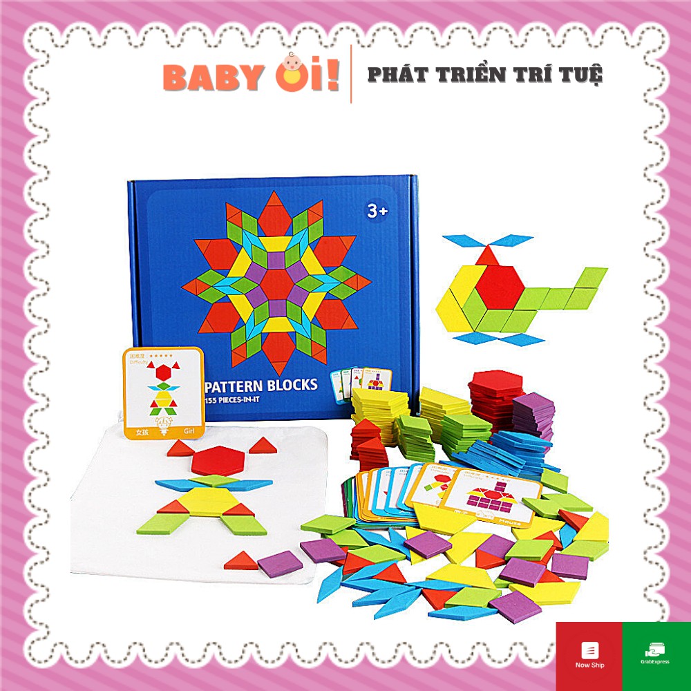 Bộ ghép hình Pattern Block bằng gỗ 155 chi tiết, sáng tạo cho giáo dục mầm non, phát triển trí tuệ cho trẻ từ 3 - 7 tuổi